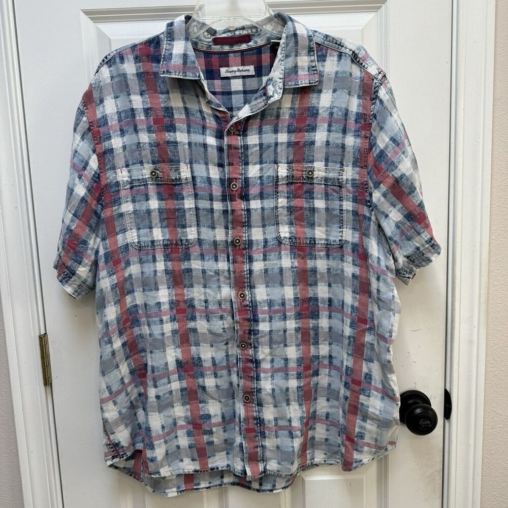 Tommy Bahama Shirt Mens XL Short Sleeve Button Up Outdoors Lightweight Red Blue